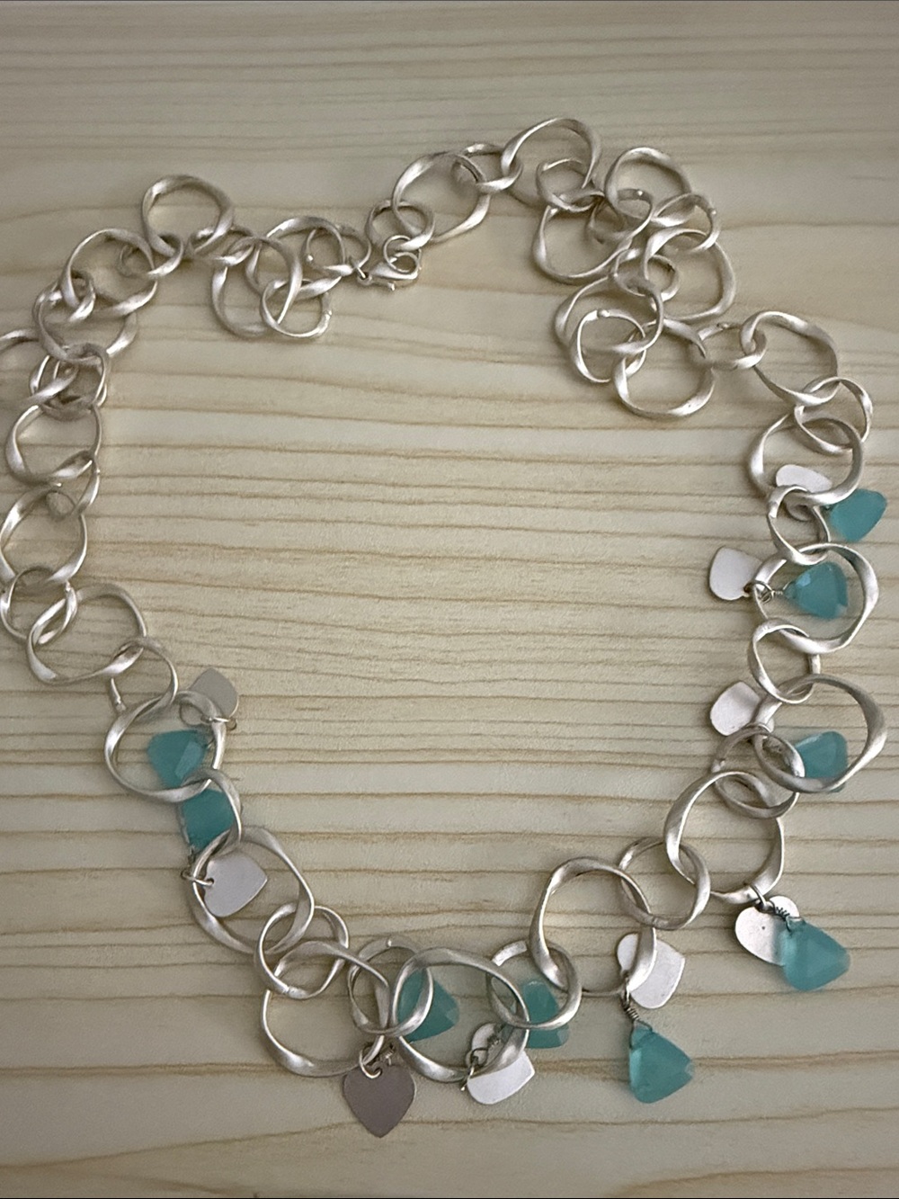Silver Chain Necklace with Aqua Heart Charms